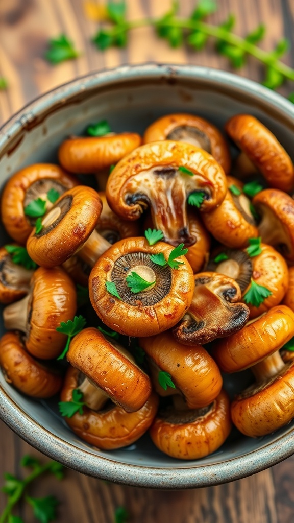 Golden air fryer garlic mushrooms garnished with parsley in a rustic bowl on a wooden table.